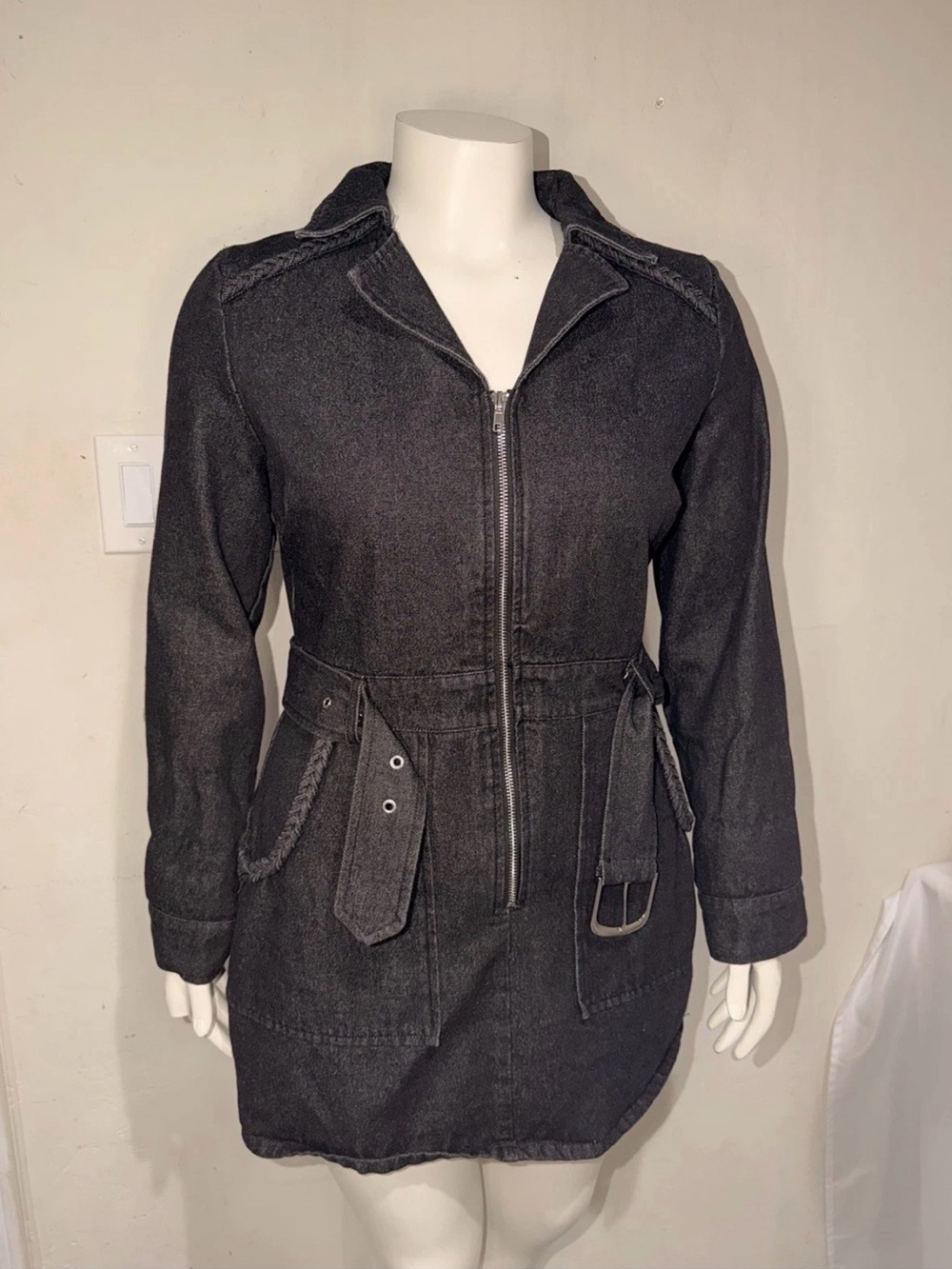 Vici Black Denim Zip-Up Utility Jacket with Waist Tie